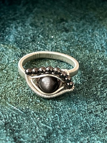 手工繞線  銀曜石 天然水晶 惡魔之眼戒指