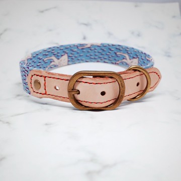 狗 項圈 L號 復古 藍色 梅花鹿 植揉皮革 日本布