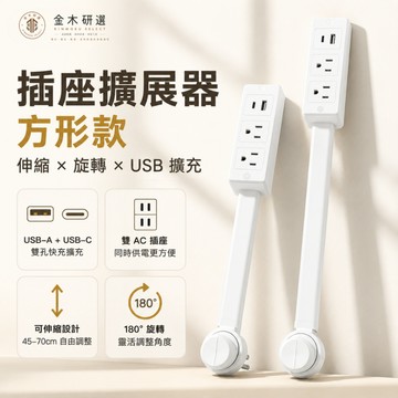 【金木研選】插座擴展器 延長插座 2插頭 2USB USB-A USB-C 180°旋轉 伸縮延長 美規插頭