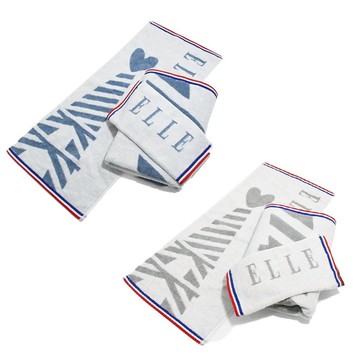 【ELLE】艾菲之心緹花方毛浴巾3入組 藍色【方巾+毛巾+浴巾】