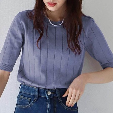 日本 BLUE EAST - 羅紋彈性薄針織短袖上衣-灰藍