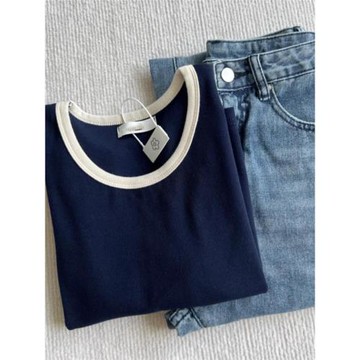 正肩顯瘦撞色螺紋鎖骨t恤打底衫夏季新款chic小眾內搭上衣女短袖