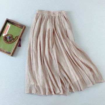 復古文藝范百褶闊腿褲休閑棉麻褲女夏裝原宿溫柔風寬松亞麻裙褲