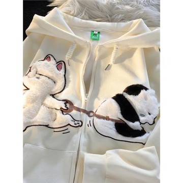 日系復古可愛貓咪開衫拉鏈外套男女秋冬寬松慵懶風情侶連帽衫衛衣