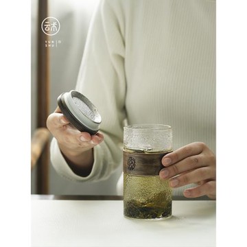 中式錘紋月牙綠茶杯辦公室水杯玻璃過濾帶蓋泡茶杯茶水分離個人杯