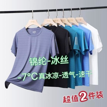 💕在臺出貨🔥夏季男士錦綸冰絲短袖t恤爸爸裝速乾透氣中老年薄款大碼運動上衣