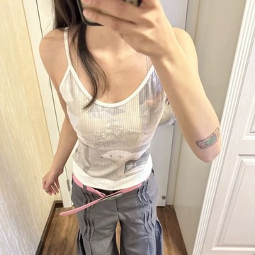 純棉印花集遮副乳 夏季背心 無袖背心女 彈性緊身復古白色無袖吊帶背心百搭上衣夏季新款 6Y