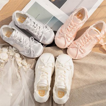 [ 余生緩 ] 夏天的感覺 蝴蝶結綢緞運動休閑鞋女小白鞋復古阿甘鞋