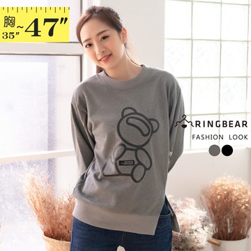 大學T--寬鬆舒適潮流小熊印花羅紋縮口下擺開岔圓領長袖上衣(黑.灰L-3L)-X474眼圈熊中大尺碼