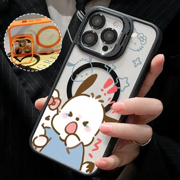 情侶小貓小狗磁吸手機殼 金屬鏡頭支架 保護殼 適用於iPhone 17 16 15 14 13 12 11 Max防摔殼