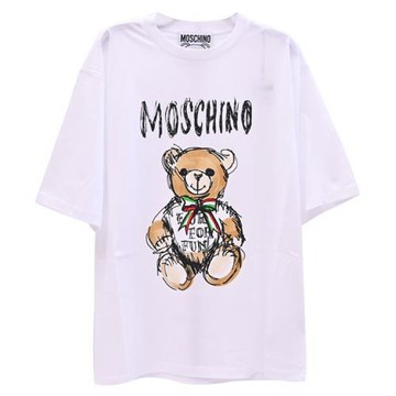 MOSCHINO 滿版小熊燙印插畫LOGO棉質寬版短T恤.白