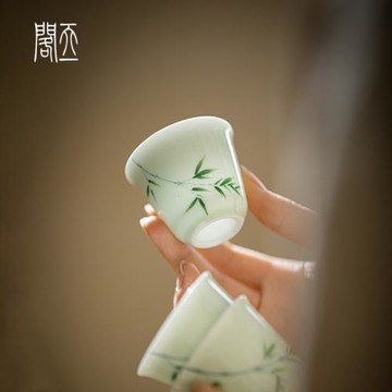 天一閣丨小蒼翠手繪竹子品茗杯功夫茶杯陶瓷喝茶單杯小號聞香杯