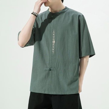 中國風刺繡亞麻t恤男短袖中式盤扣上衣夏季寬松棉麻半袖唐裝漢服