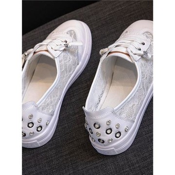 淺口蕾絲網面小白鞋女2025夏款真皮百搭透氣一腳蹬大碼女鞋41一43
