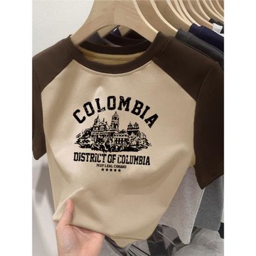 新款美式潮流短款插色短袖t恤女插肩小個子棉質寬松字母上衣服女