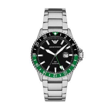 EMPORIO ARMANI 機密特務GMT時尚腕錶-銀X黑綠-AR11589-42mm
