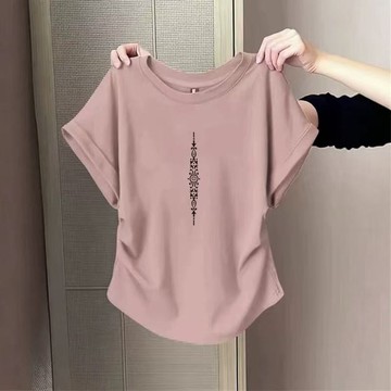 胖胖美依 印花上衣 短袖T卹 原宿風 中大碼M-4XL新款收腰正肩短袖t卹女遮肉顯瘦上衣-8976.