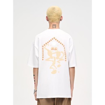 山小川創意骷顱頭印花純棉圓領短袖夏季寬松美式男款潮牌t恤男