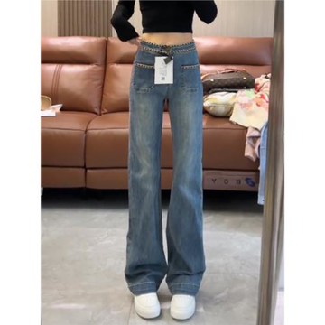 (免運)小香風鏈條窄版闊腿牛仔褲女2025春季新款復古高腰顯瘦直筒拖地褲