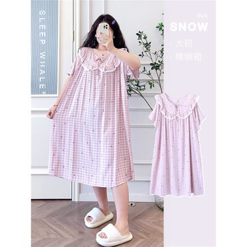 田園甜美風胖MM花邊短袖睡裙超薄人棉綢連衣裙顯瘦碎花200斤女夏