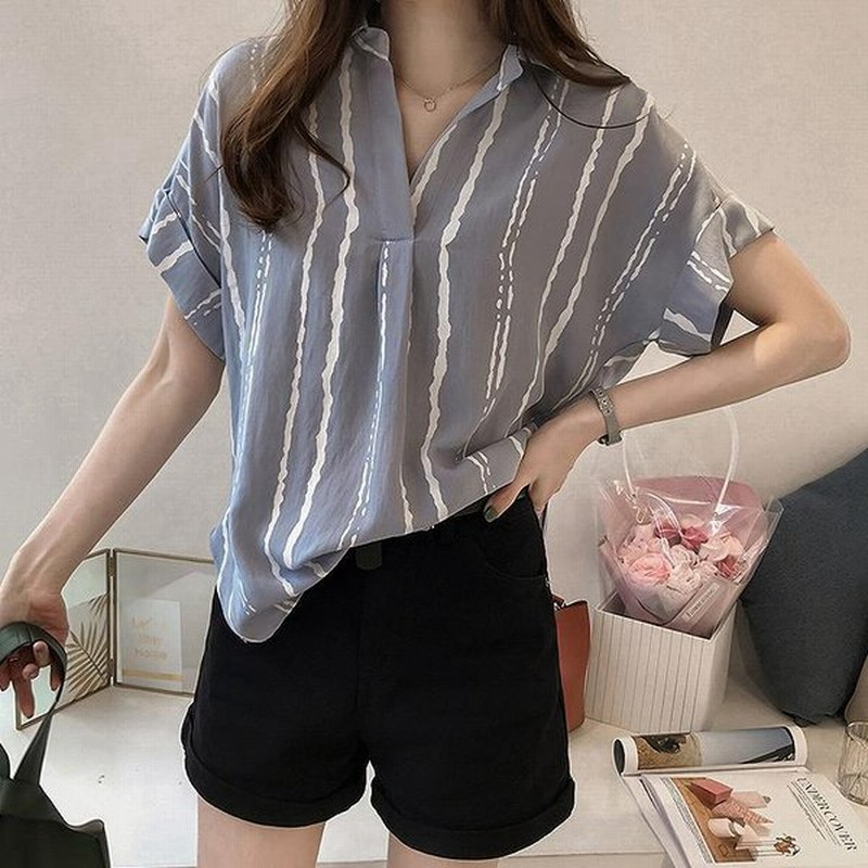 レディース 韓国ファッション ブラウス ショートシャツ 半袖シャツ ストライプ トップス オルチャンファッション オフィス 開襟シャツ ゆるシャツ オフィス ホ 通販 Lineポイント最大0 5 Get Lineショッピング