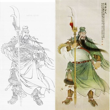 實物參照彩圖 底稿 可上色 列印稿 宣紙 工筆畫關公白描底稿國畫人物線描臨摹練習2-46