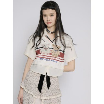 WANGREENCHENCLEAN白木晨 虞書欣同款 小熊針織襯衫短袖上衣原創