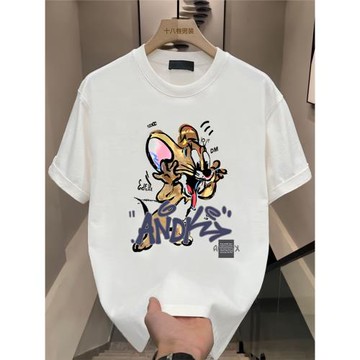 重磅短袖t恤男高級感卡通小熊印花男裝半截袖夏季休閑圓領體恤衫