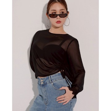 AIR SPACE PLUS 圓領側抽繩縮口荷葉袖透膚雪紡上衣(黑/杏) 女裝 現貨 大尺碼 中大尺碼