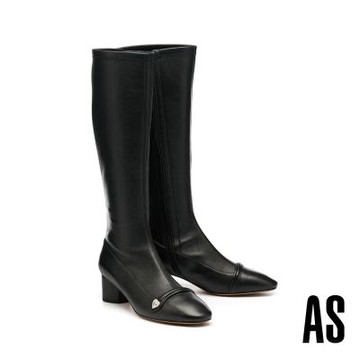 長靴 AS 復古狂歡珍珠愛心釦彈力羊皮高跟長靴－黑