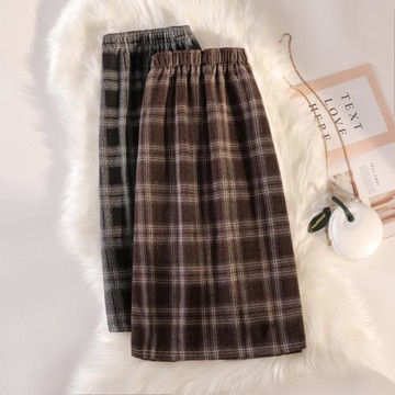 毛呢格子半裙中長款半身裙秋冬女復古高腰A字包臀裙顯瘦打底裙子