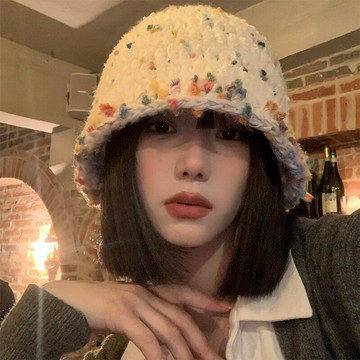 日系顯臉小彩色小糖豆漁夫帽女秋冬季百搭針織帽子大頭圍毛線帽潮