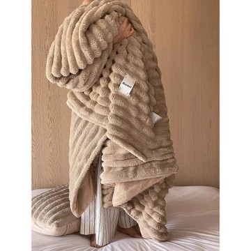 美拉德高級感立體條紋提花仿兔絨小毛毯子冬季加厚沙發蓋毯午睡毯