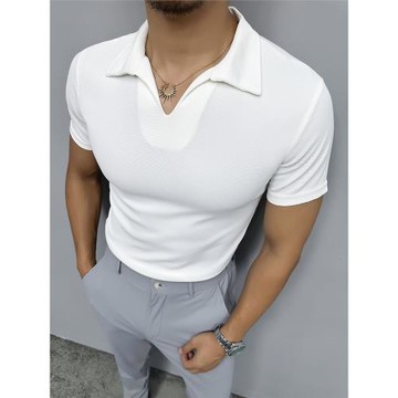 輝先生夏季新款男士POLO衫休閑修身針織t恤彈力V領純色透氣短袖