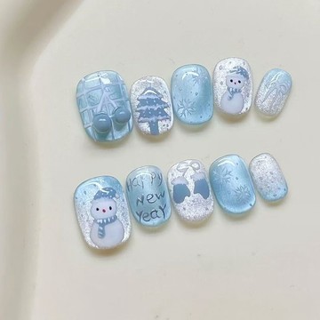 優美甲片 手工穿戴甲聖誕節春節秋冬手繪可愛雪人美甲雪花顯白ins穿戴短款