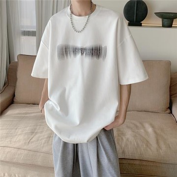 美式重磅400g印花白色T恤男夏季oversize小領口學生純棉短袖體恤