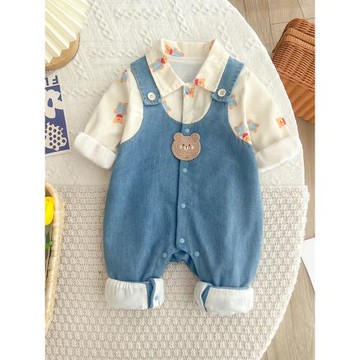 嬰兒衣服男寶寶連體衣春秋款軟牛仔外出服背帶假兩件春裝滿月哈衣
