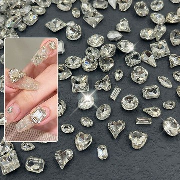 💗台灣出貨💗美甲玻璃鑽成品尖底長方肥方愛心超閃爆款指甲歪心鑽爆閃大小混裝