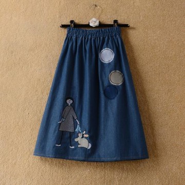 牛仔裙半身裙女2023夏季新款中長款a字刺繡松緊高腰卡通休閑裙子