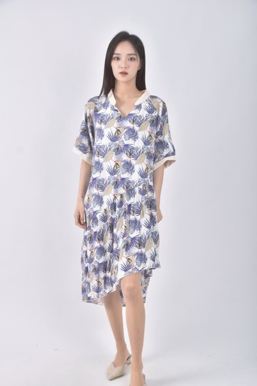 (S) ob style質感花紋藍色洋裝