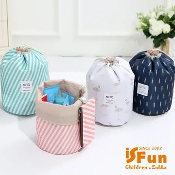 藍丹頂鶴 【iSFun】舖棉束口＊盥洗化妝撞收納圓桶包/3色可選