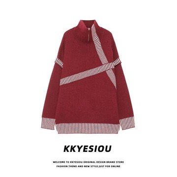 KKyesiou本命年紅色條紋拼接毛衣男女美式復古半高領拉鏈針織線衫