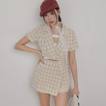 小香格紋褲裙套裝-杏【KT24386】