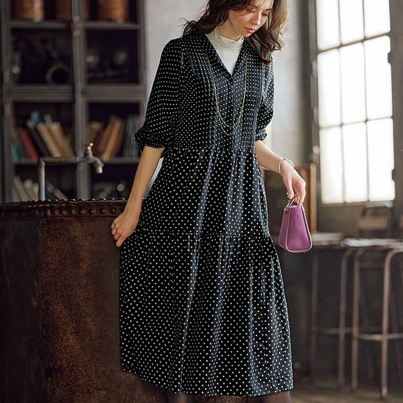 ベルーナ ドット柄切替ティアードデザインワンピース 黒 Ll レディース 通販 Lineポイント最大get Lineショッピング