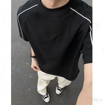 男生短袖 插肩袖上衣 美式重磅潮流拼接短袖T恤男女款夏季新款插肩條紋設計感休閒上衣0630