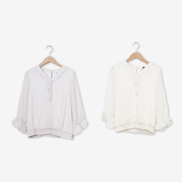 【CUMAR】V領領巾縮襬條紋緹花上衣 粉 杏