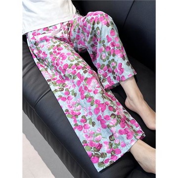 新中式水墨畫棉綢中國風睡褲女夏季人造棉沙灘褲綿綢家居服九分褲
