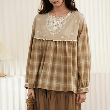 甜美格紋刺繡上衣416002