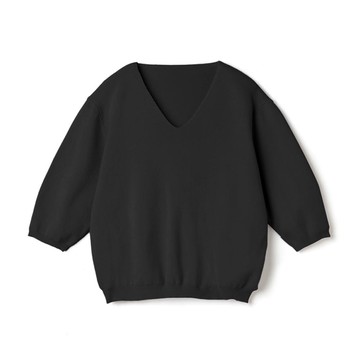 日本 GRL - V領薄針織百搭五分袖上衣-黑 (F)