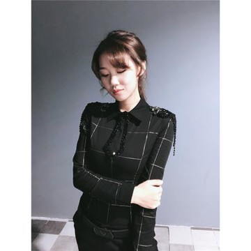 歐洲站2024新款韓版彈力棉領帶格子襯衫百搭修身彈力棉襯衣打底衫